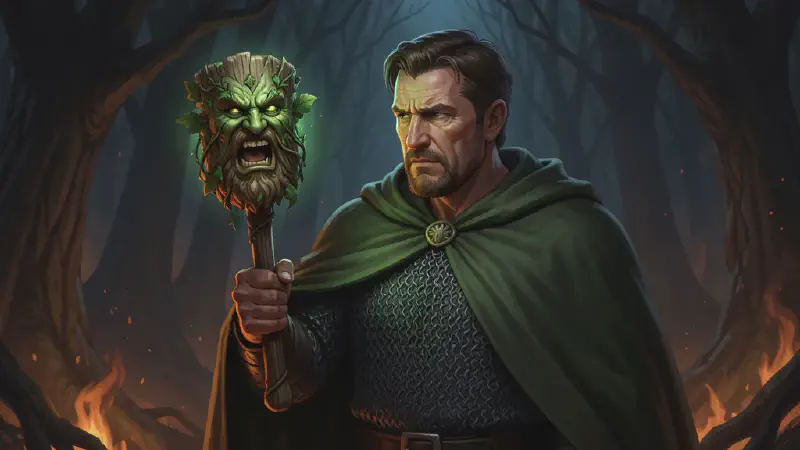 By firelight a broad-shouldered man in chain mail and a green cloak holds up a wooden mace carved with a Green Man&rsquo;s face, its mouth open, faint green glow about it, while the dark forest presses in behind.