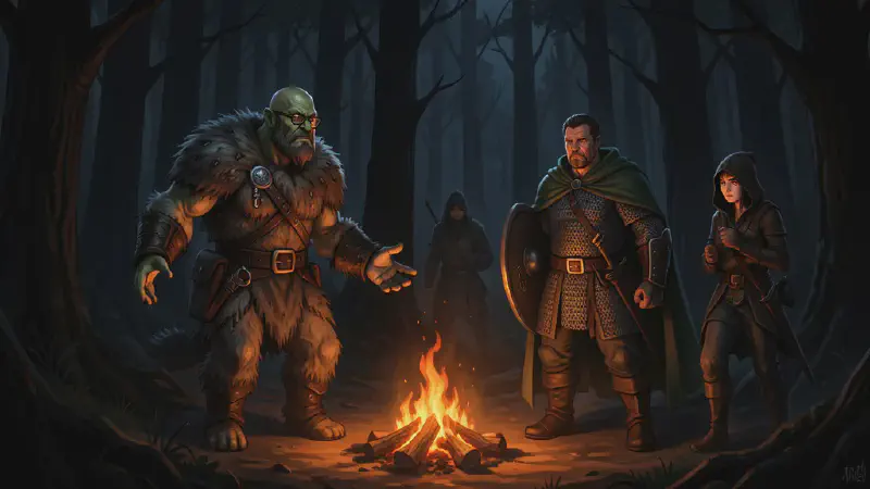 A bespectacled, shaven-headed half-orc in shaggy wolf-and-spider furs steps out of a black forest into firelight, hands open, as three travellers &ndash; a chain-mailed man in a green cloak, a ranger, and a thief &ndash; watch warily from their camp.